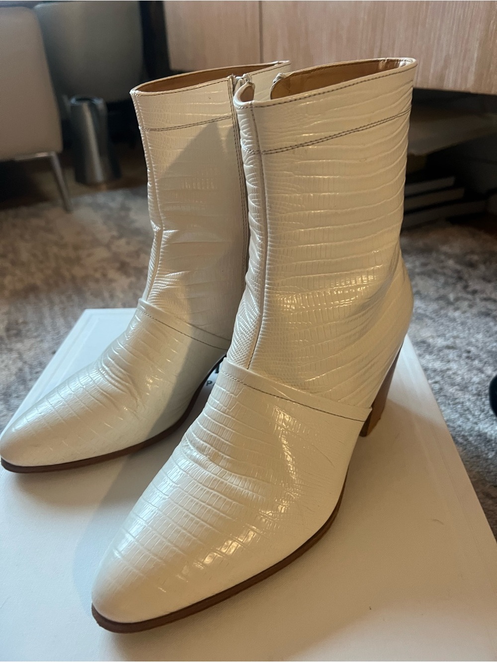 Authentic Celine White Embossed Leather Western Ankle Boots – Size 39 (With Box)